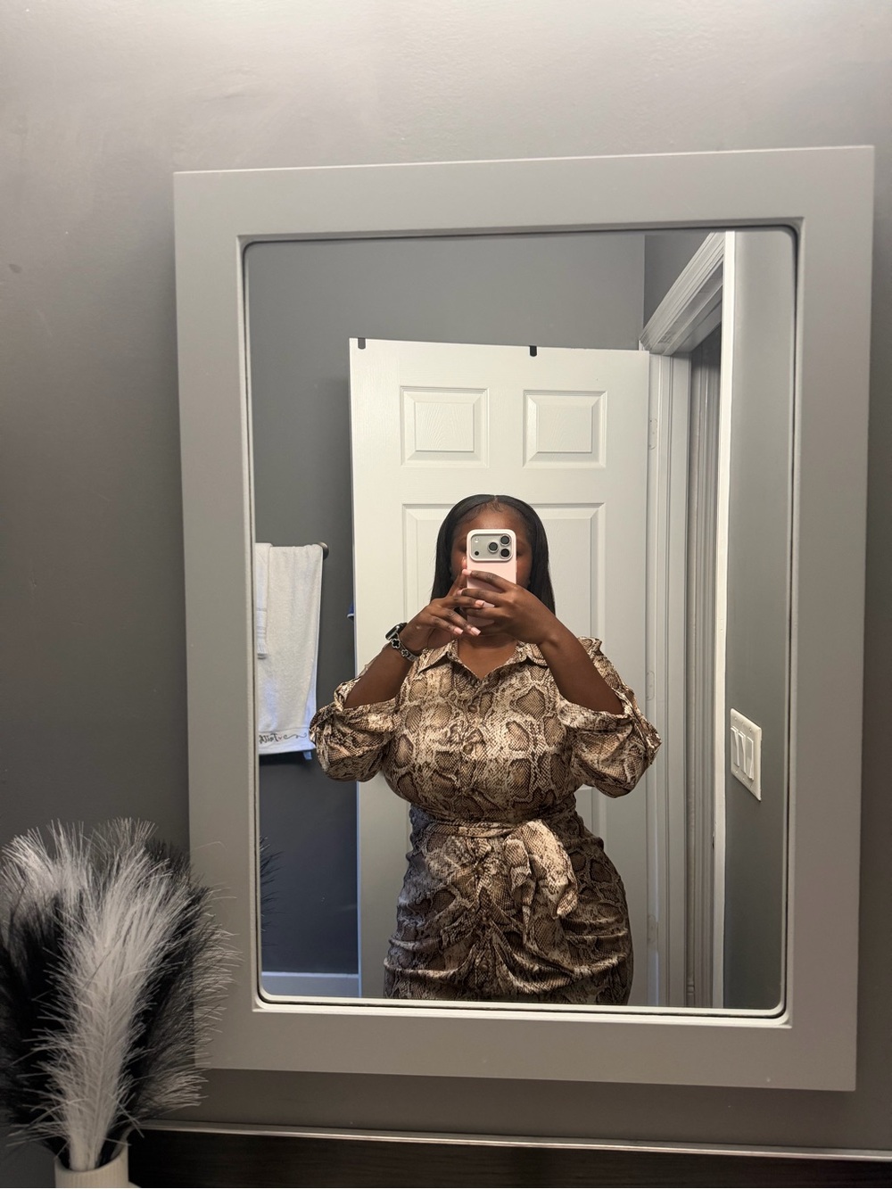 Snake-Print Midi Dress with Puff Sleeves - Brown